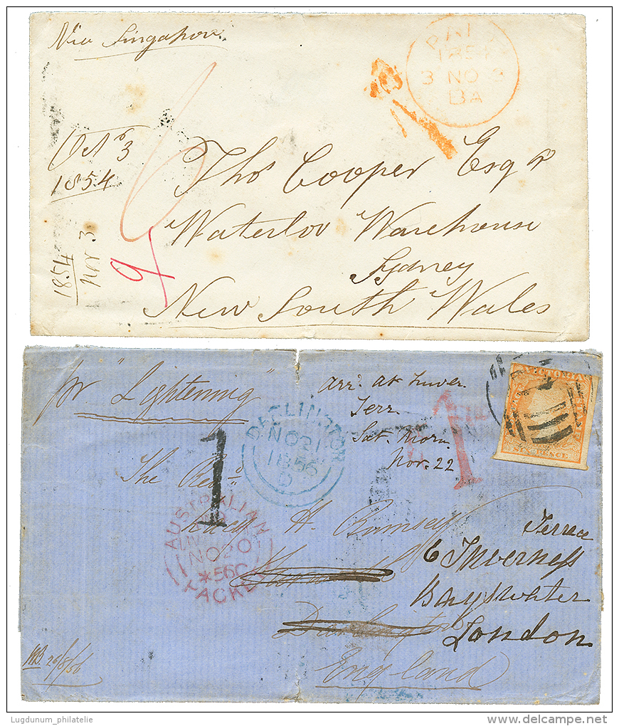 2 Covers : 1856 6d Fault + Tax Marking To LONDON And 1854 Stampless Envelope To SYDNEY. Vf. - Andere & Zonder Classificatie