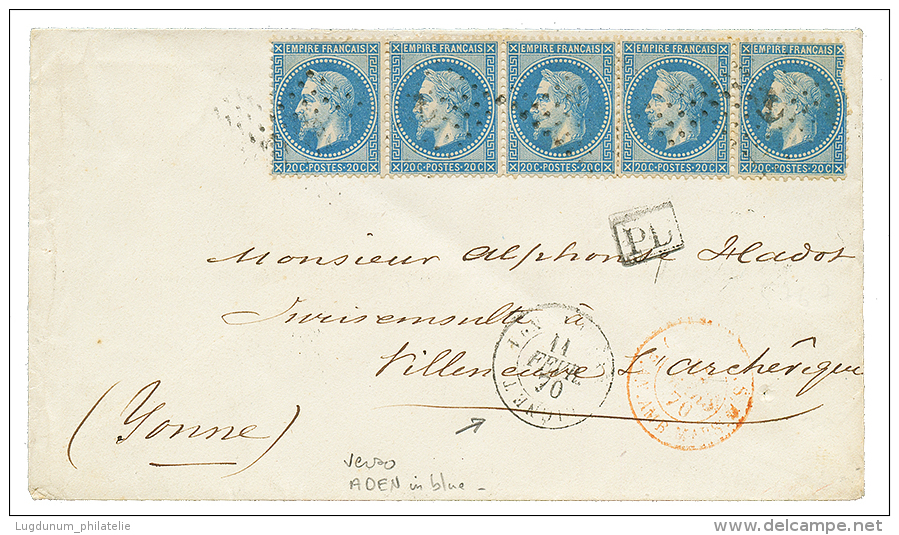 ADEN : 1870 FRANCE 20c(x5) , 1 Stamp Fault Canc. ANCHOR + LIGNE T PAQ FR N°1 On Envelope To FRANCE. Verso, Superb Bl - Aden (1854-1963)