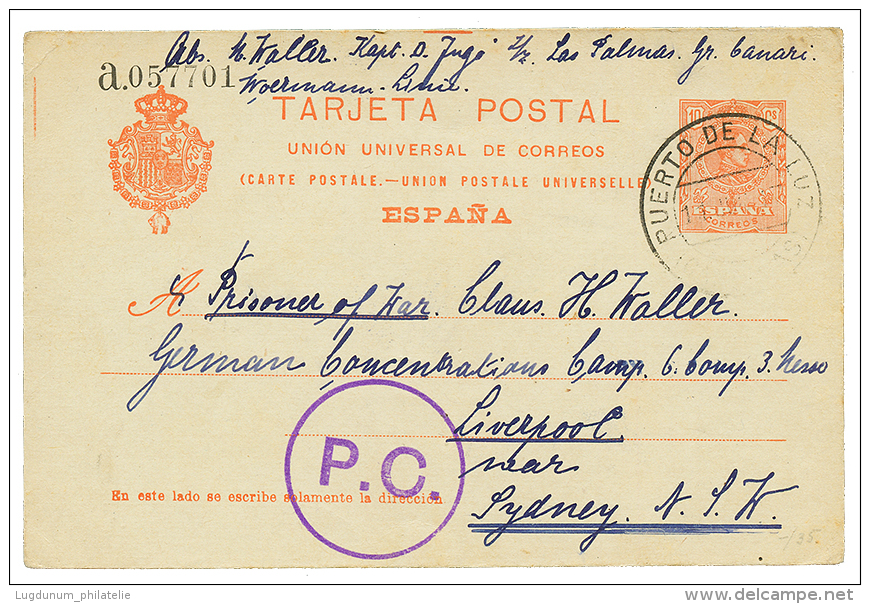 PRISONER OF WAR : 1917 SPAIN P./Stat 10c Datelined "LAS PALMAS" + PUERTO DE LA LUZ + P.C Violet To SYDNEY NEW SOUTH WALE - Other & Unclassified