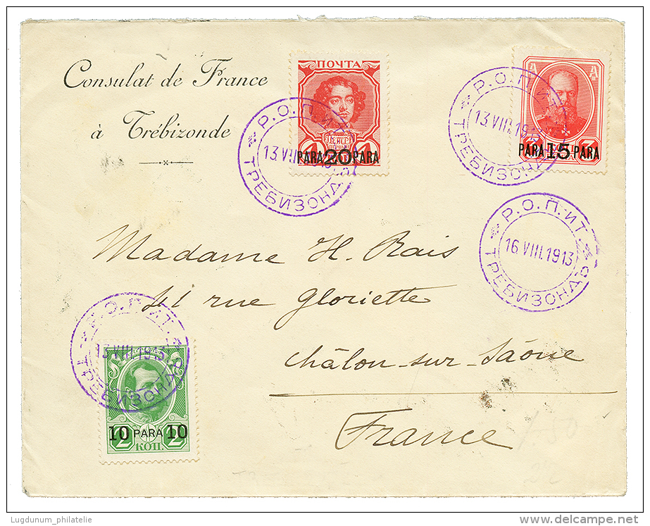 1913 10p + 15p + 20p Canc. ROPIT TREBIZONDE On Cover(FRENCH CONSULATE) To FRANCE. Scarce. Superb. - Turkish Empire