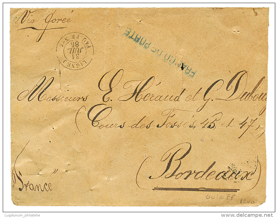 PORTUGUESE GUINEA : 1885 Blue Cachet FRANCO DE PORTE + LIGNE J PAQ FR N°6 On Envelope To FRANCE. GREAT RARITY. Vf. - Other & Unclassified