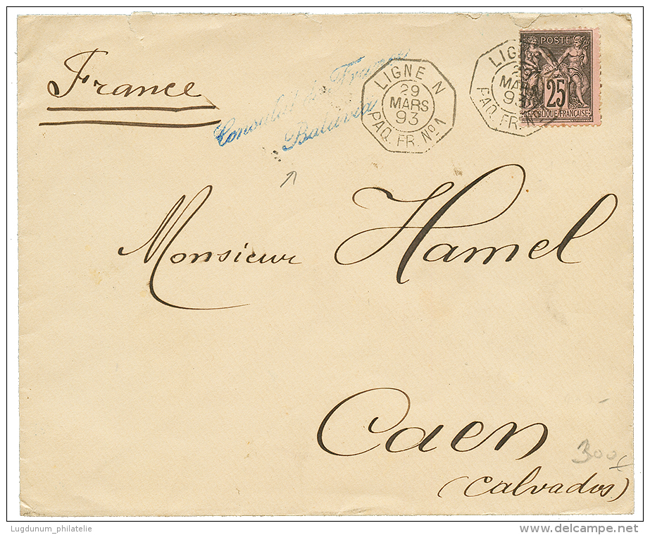 1893 FRANCE 25c Obl. LIGNE N PAQ FR N°1 + CONSULAT DE FRANCE BATAVIA On Envelope To FRANCE. Vvf. - Other & Unclassified