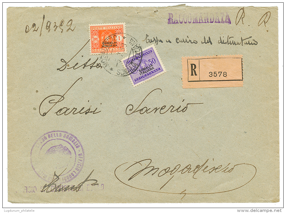 SOMALIA ; 1939 REGISTERED Envelope To MOGADISCIO Taxed With SOMALIA POSTAGE DUE 50c+ 1L. Vf. - Other & Unclassified