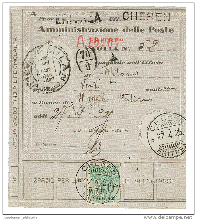 ERITREA : 1925 POSTAGE DUE 40c Canc. CHEREN On MONEY Order To MILANO. Vvf. - Other & Unclassified