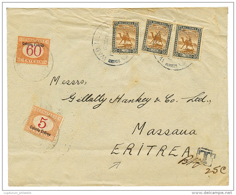 ERITREA : 1932 SUDAN 5m(x3) Canc. WAD MEDANNI On Envelope To MASSUA Taxed Wit ERITREA POSTAGE DUE 5c + 60c. RARE. Vf. - Other & Unclassified