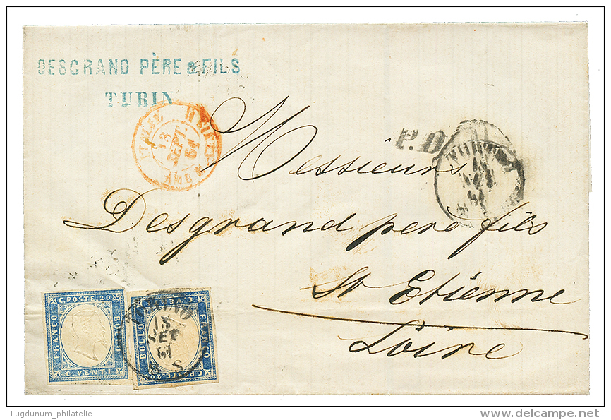 SARDINIA : 1861 20c Blue (2 Different Shades) Canc. TORINO On Cover To FRANCE. Very Light Crease On Stamps(imperceptible - Sardinia