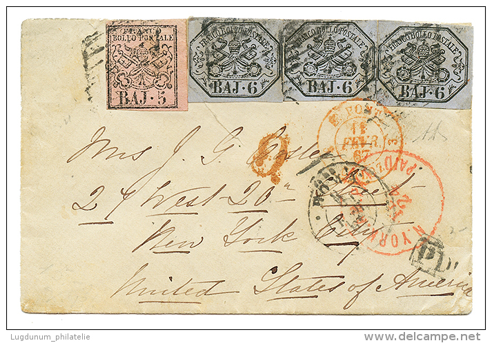 1867 5B + 6B(x3) Canc. On Envelope From ROMA To NEW YORK(UNITED STATES). RARE. Vvf. - Marcophilia