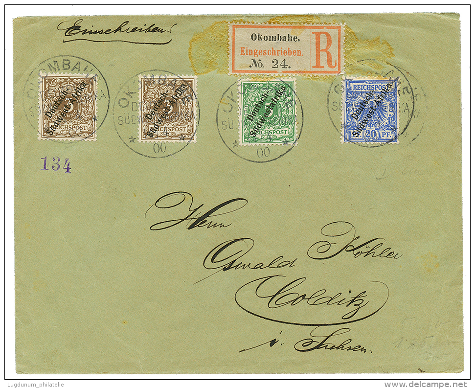 OKOMBAHE : 1900 3pf(x2) + 5pf + 20pf Canc. OKOMBAHE On REGISTERED Envelope To GERMANY. Vf. - German South West Africa