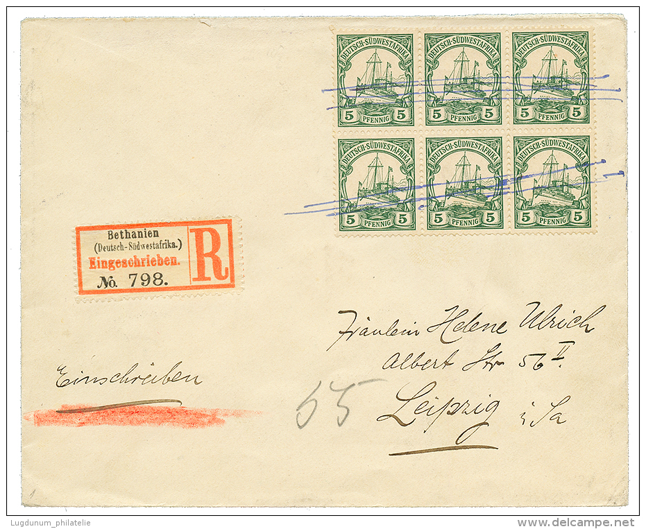 BETHANIEN : 5pf Block Of 6 PEN Cancel On REGISTERED Envelope To GERMANY. Scarce. Vvf. - German South West Africa