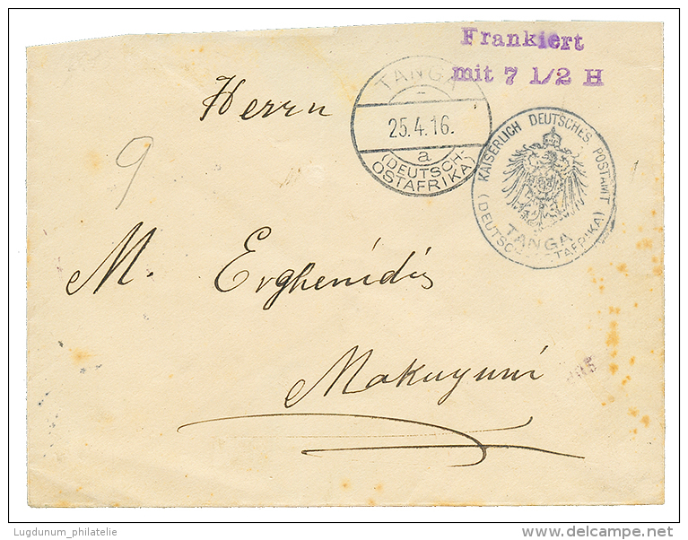 1916 FRANKIERT MIT 7 1/2H + POSTAMT TANGA On Envelope To MAKUYUM. Verso, KOROGWE. Vvf. - German East Africa