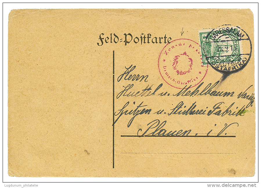 1915 4h Canc. DARESSALAM + ZENSUR PASSIERT In Red On Card To GERMANY. Vvf. - German East Africa