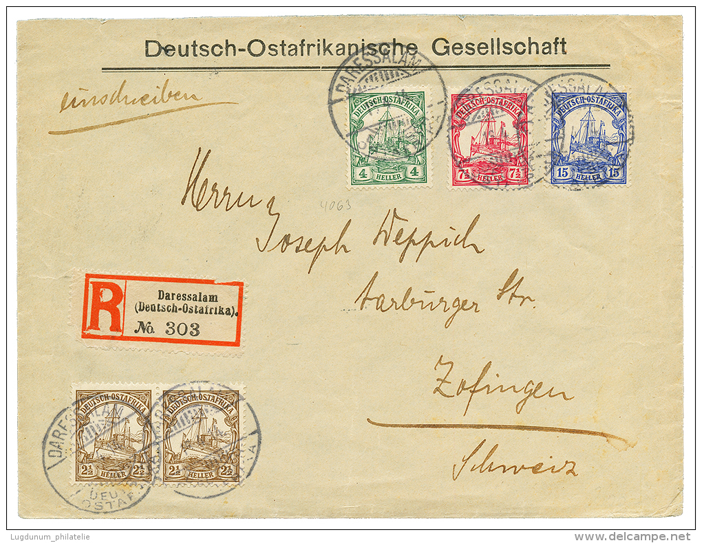 1914 2 12h(x2)+ 4h+ 7 1/2h+ 15h On REGISTERED Envelope From DARESSALAM To SWITZERLAND. Signed BOTHE. Vvf. - German East Africa