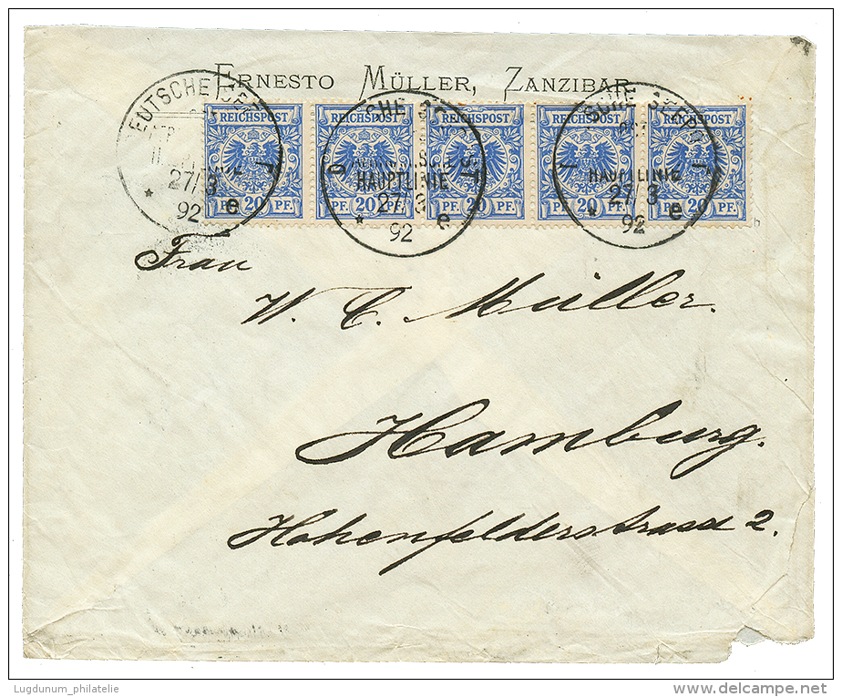 ZANZIBAR : 1892 GERMANY 20pf Strip Of 5 Canc. DEUTSCHE SEPOST AFRIKANISCHE HAUPTLINIE E On Commercial Envelope(small Fau - Duits-Oost-Afrika