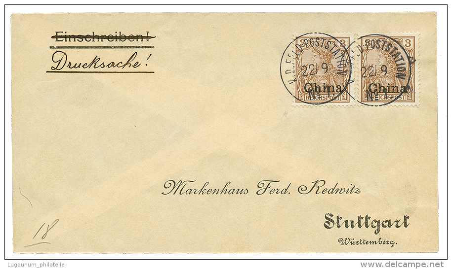 1901 3pf(x2) Canc. FELDPOSTSTATION N°1 On Envelope(DRUCKSACHE) To GERMANY. Superb. - China (offices)