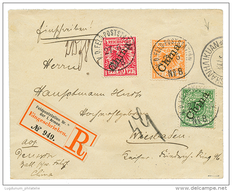 1901 5pf + 10pf + 20pf Canc. KD.FELD POSTSTATION N°8 On REGISTERED Envelope To GERMANY. Signed PFENNINGER. Scarce. V - China (offices)