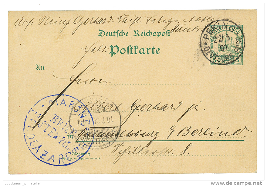 PETCHILI : 1901 KIAUTSCHOU P./Stat. 5pf Canc. PEKING + MARINE FELDLAZARETH BRIEF STEMPEL In Blue To GERMANY. RARE. Super - China (offices)
