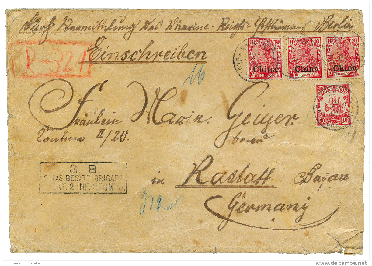 Mixt CHINA - KIAUTSCHOU : 1901 CHINA 10pf(x3) + KIAUTSCHOU 10pf Canc. PEKING On REGISTERED Military Envelope(faults) To - China (offices)