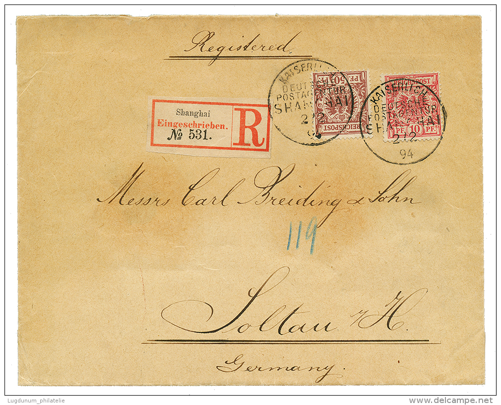 VORLAUFER : 1894 10pf + 50pf Canc. SHANGHAI On REGISTERED Envelope To GERMANY. Vf. - China (offices)