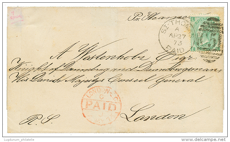 1873 ENGLAND 1 Shilling Canc. C51 + ST THOMAS PAID On Envelope To LONDON. Vvf. - Other & Unclassified