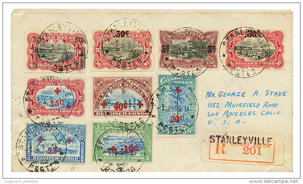 1930 10c(x3= + 5c On 50c+ 30c On 10c + RED CROSS 10c+ 15c+ 20c+ 25c Canc. STANLEYVILLE On REGISTERED Envelope To USA. BE - Other & Unclassified