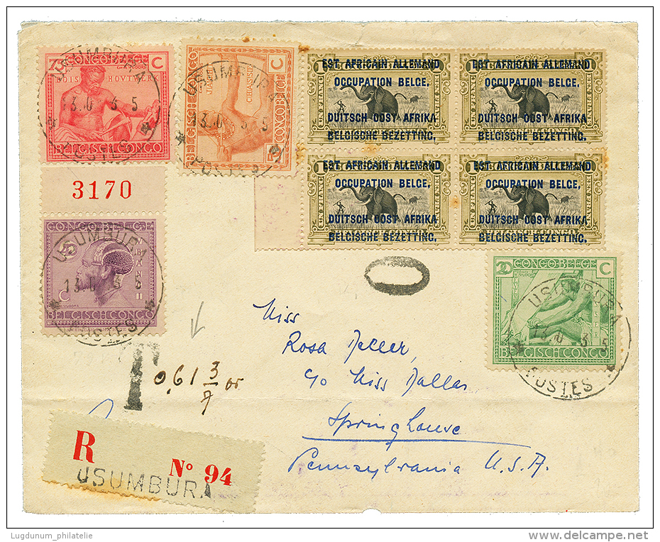 1933 OCUP. BELGE 1F Block Of 4 + 20c+ 40c+ 50c+ 75c + TAXE On REGISTERED Envelope To USA. Vf. - Other & Unclassified