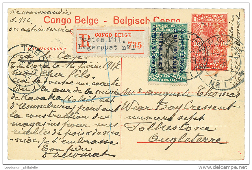 1917 P./Stat 10c + 15c Canc. BPC N°1 Sent REGISTERED To ENGLAND. BELGIAN CONGO S.C. Certificate(1990). Superb. - Covers & Documents