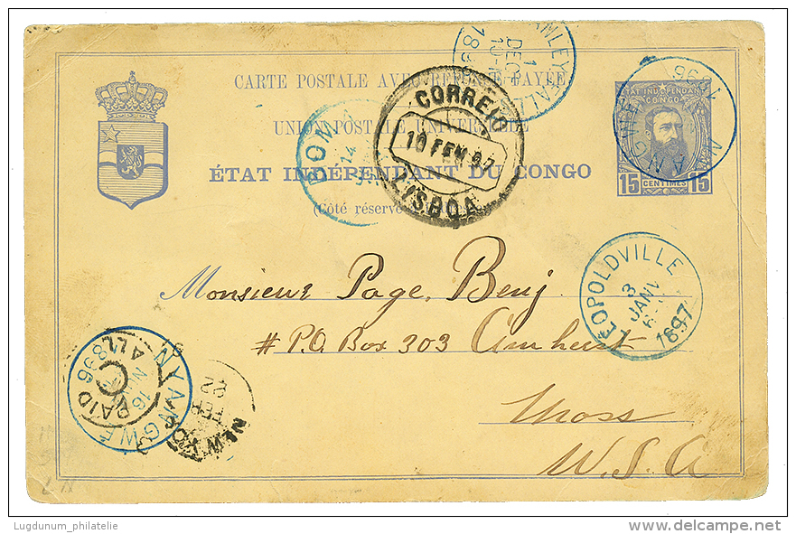 NYANGWE : 1897 P./Stat 15c Canc. NYANGWE In Blue Via LISBOA(PORTUGAL) To USA. Very Light Crease. BELGIAN CONGO S.C. Cert - Other & Unclassified