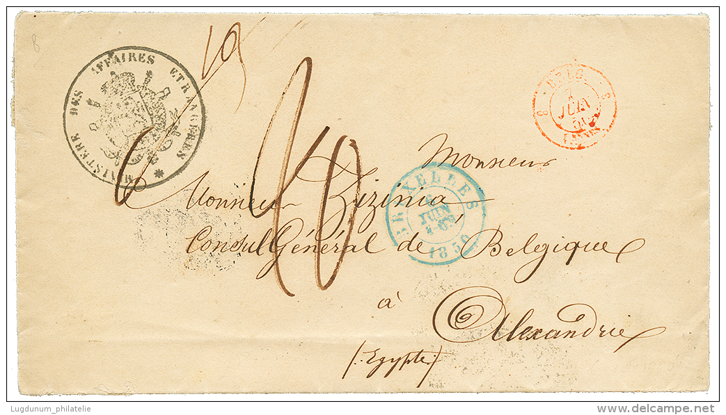 Destination EGYPT : 1850 BRUXELLES + "20" Tax Marking + MINISTERE DES AFFAIRES ETRANGERES On Cover To ALEXANDRIE EGYPT. - 1849-1850 Medallions (3/5)