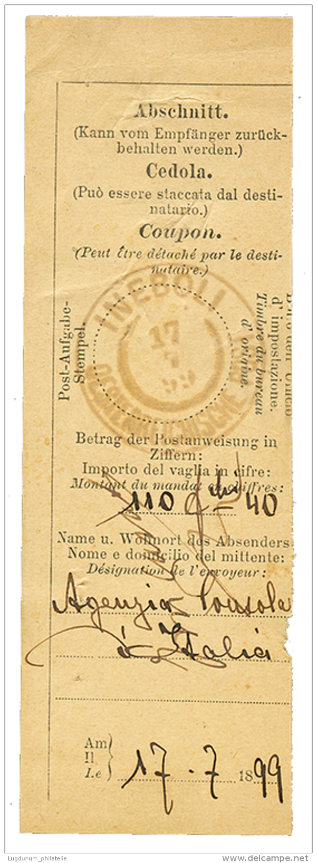 INEBOLI : 1899 INEBOLI OESTEREICHISCHE POST On MONEY Order Receipt To Italian Consulate. Vvf. - Eastern Austria