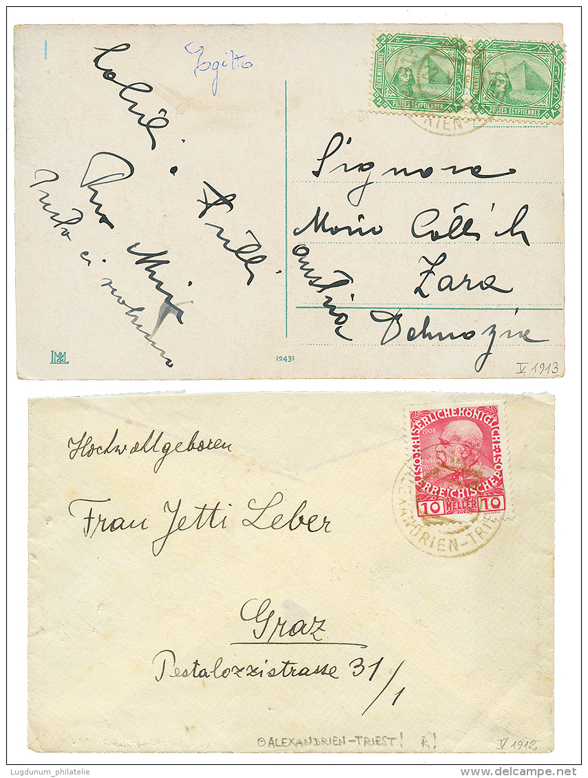 1912/13 2 Maritime Covers With ALEXANDRIEN-TRIEST Cachet On Stamps From EGYPT Or AUSTRIA. Vf. - Oostenrijkse Levant