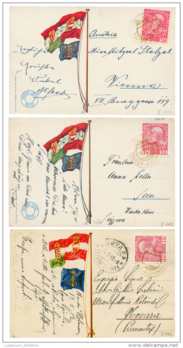 MARITIME : 1912/13 Lot 3 "LLOYD" Cards With AUSTRIA Canc. TRIEST-ALEXANDRIA . Superb. - Oostenrijkse Levant