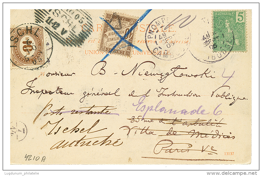 1905 INDOCHINA 5c Canc. PNOMPENH CAMBODGE On Card To FRANCE Taxed With FRANCE 10c POSTAGE-DUE, Redirected To AUSTRIA Tax - Other & Unclassified