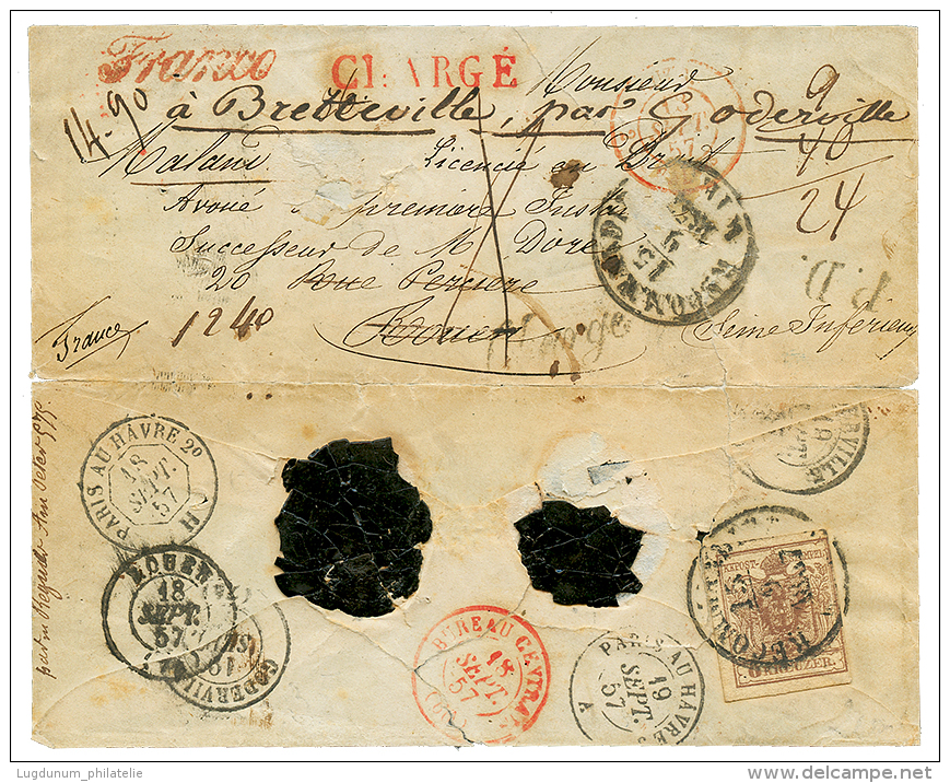 1857 6kr Canc. WIEN RECOM. On Reverse Of REGISTERED Envelope To FRANCE. Small Faults. Vf. - Other & Unclassified