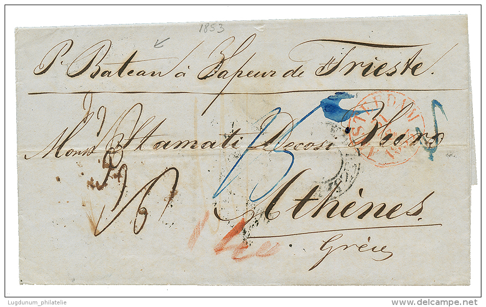 BATEAU A VAPEUR De TRIESTE : 1856 AMSTERDAM + Tax Marking On Entire Letter From AMSTERDAM To ATHENS (GREECE). Variuos GE - Other & Unclassified