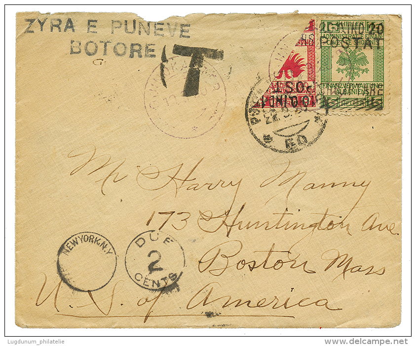 ALBANIA : 1920 Bisect + 20q On Taxed Envelope(1 Flap Missing) From BOTORE To BOSTON(USA). Vf. - Albania