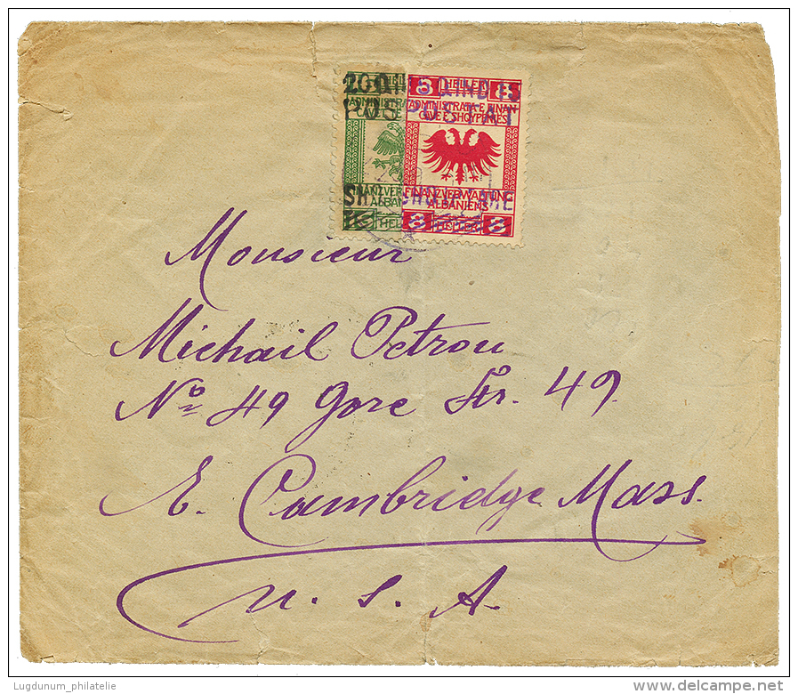 ALBANIA : 1920 Bisect 20q + 15q On Envelope(fault) To CAMBRIDGE(USA). Vf. - Albania