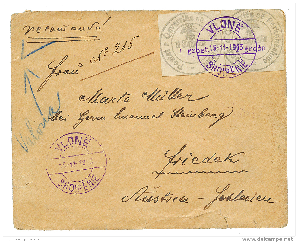 ALBANIA : 1913 1Gr(x2) Canc. VLONE On REGISTERED Envelope To AUSTRIA. Vf. - Albania