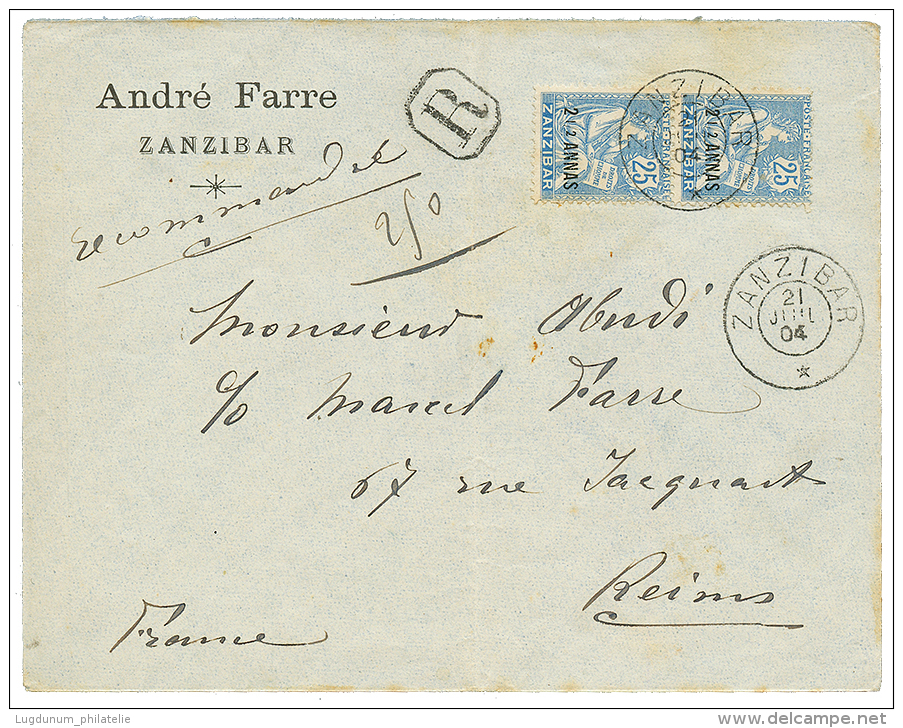 1904 2 1/2a Sur 25c MOUCHON (x2) Obl. ZANZIBAR Sur Env. RECOM. Pour La FRANCE. Superbe. - Covers & Documents