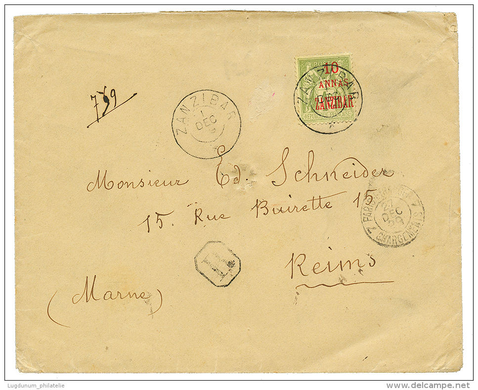 1899 10a S/ 1F Obl. ZANZIBAR Sur Env. RECOM. Pour La FRANCE. Timbre Rare Seul Sur Lettre. TB. - Covers & Documents