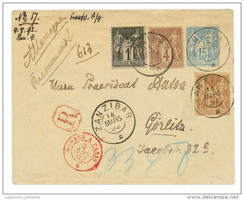 1892 Entier 15c + 1c+ 4c(x2) Pd Obl. ZANZIBAR Pour L'ALLEMAGNE. TB. - Covers & Documents