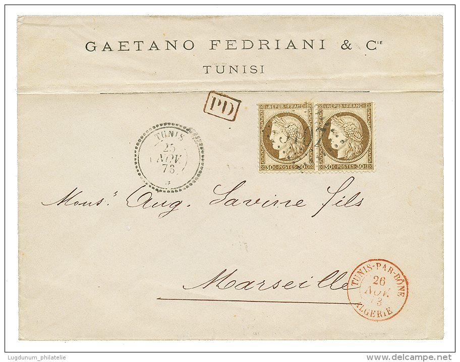 1873 Paire 30c CERES Obl. GC 5107 + TUNIS Sur Enveloppe Pour La FRANCE. Superbe. - Covers & Documents