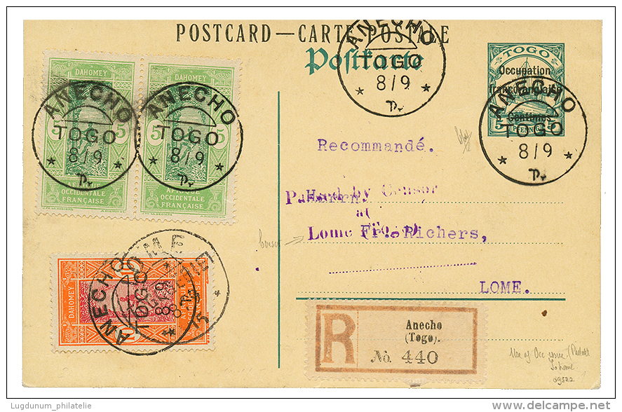 1915 Entier Postal 5pf Surch. OCCUPATION FRANCO ANGLAISE + DAHOMEY 5c(x2)+ 10c Obl. Cachet Allemand ANECHO En RECOMMANDE - Covers & Documents