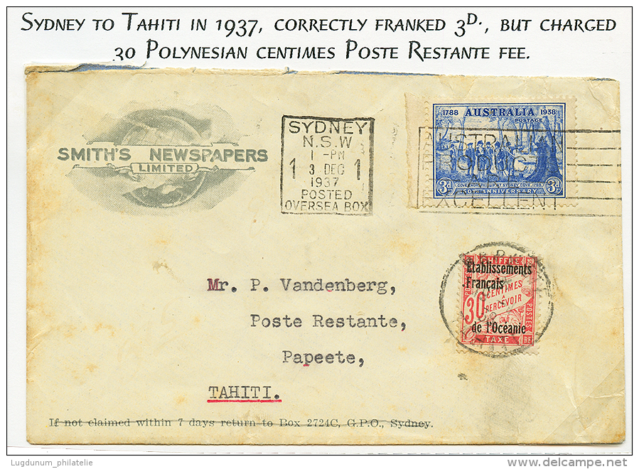 1937 AUSTRALIA 3d Sur Env. De SYDNEY Pour POSTE RESTANTE PAPEETE TAHITI Taxée Avec TAXE OCEANIE 30c. TB. - Covers & Documents