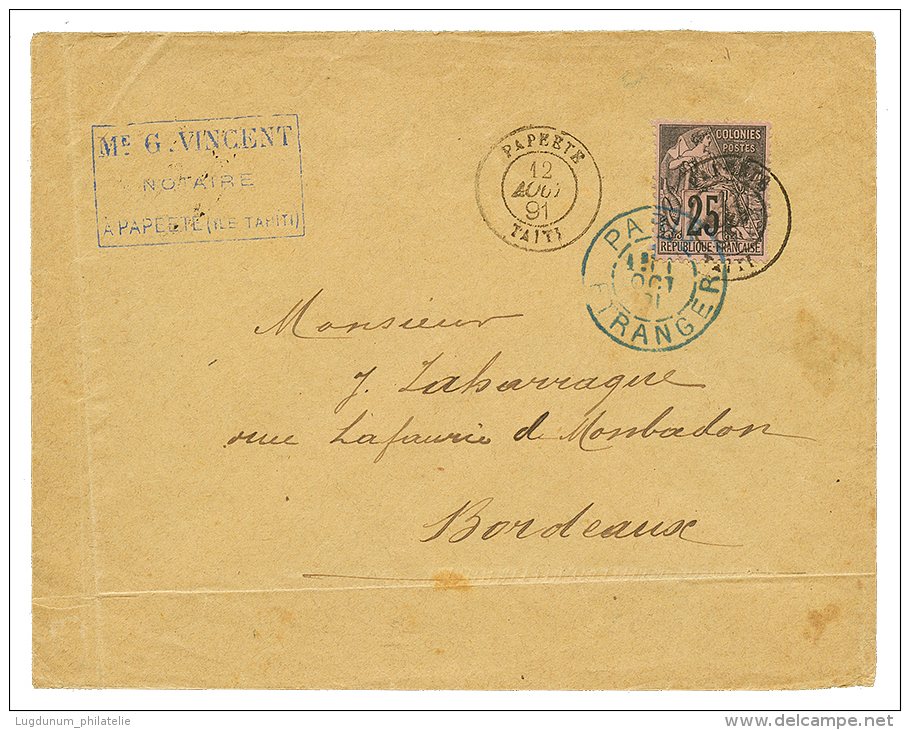 1891 CG 25c Obl. PAPEETE TAITI Sur Enveloppe Pour La FRANCE. TTB. - Covers & Documents