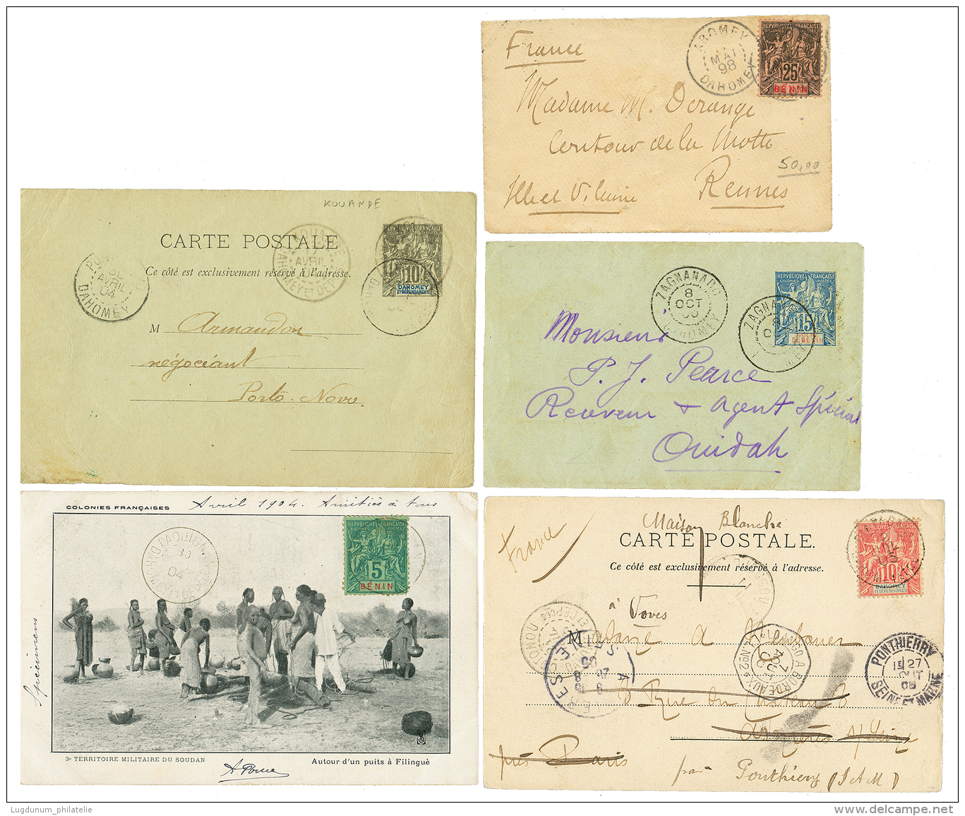 DAHOMEY - BENIN : 1898/1905 Lot 5 Lettres (ABOMEY, ZAGNANADO, KOUANDE, DIAPAGA, PAQUIGNAN). TB. - Lettres & Documents