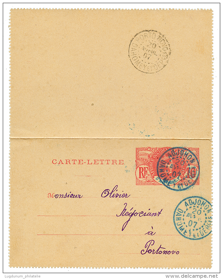 ADJOHON : 1907 Entier 10c Obl. ADJOHON DAHOMEY ET DEP. Pour PORTO-NOVO. Rare. Superbe. - Covers & Documents