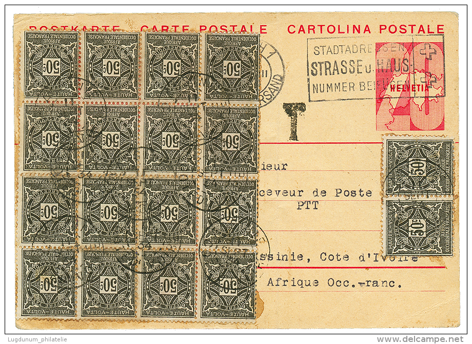 ASSINIE : 1934 Entier Postal SUISSE Obl. ZURICH Pour ASSINIE Taxé Avec TAXES De COTE D'IVOIRE 50c(x18). RARE Et S - Brieven En Documenten