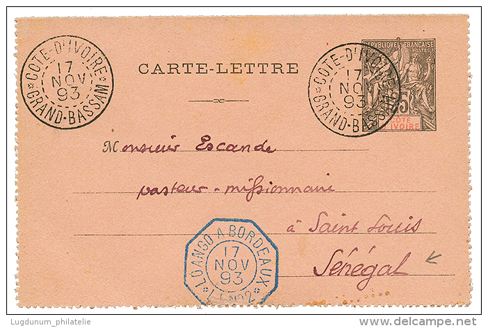 1893 Entier 25c Obl. COTE D'IVOIRE GRAND-BASSAM + LOANGO A BORDEAUX Pour Un Pasteur Missionnaire Au SENEGAL. TB Texte. S - Covers & Documents