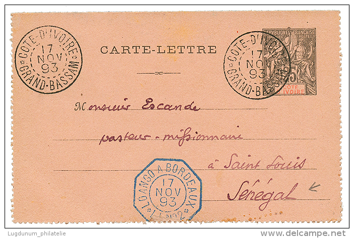 1893 Entier 25c Obl. COTE D'IVOIRE GRAND-BASSAM + LOANGO A BORDEAUX Pour Un Pasteur Missionnaire Au SENEGAL. TB Texte. S - Brieven En Documenten