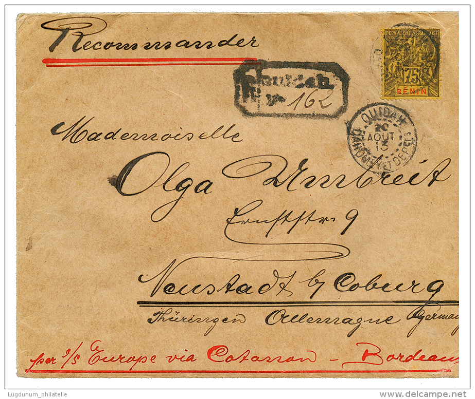 1913 75c Obl. OUIDAH + Cachet RECOMMANDE De Fabrication Locale Sur Env. Pour L'ALLEMAGNE. TB. - Brieven En Documenten